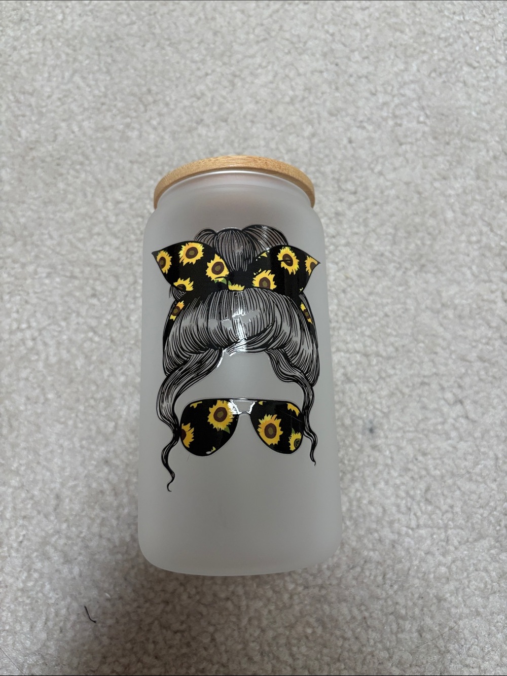 Frosted Glass Canister with Sunflower Bandana and Bamboo Lid - White